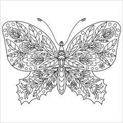 butterfly drawn with flowers and leaves in folk style on a white background for coloring, vector