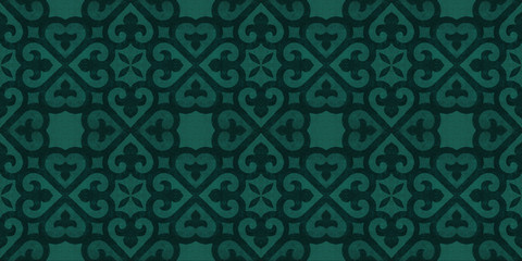 Dark green vintage retro geometric mosaic heart leaves flower print motif cement tiles fabric textile paper texture background