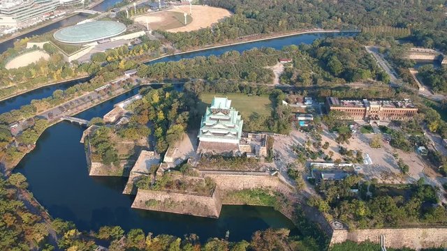 Aerial Footage of Osaka Castle and Osaka city in the Autumn