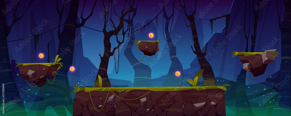 Poster game level background with platforms and items. vector cartoon landscape of night jungle with green 