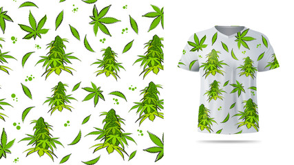 Light seamless pattern with flowers and leaves of cannabis. Eco pattern ready to print in cartoon style. Pattern design for printing on t shirt. Visualization of t shirt design