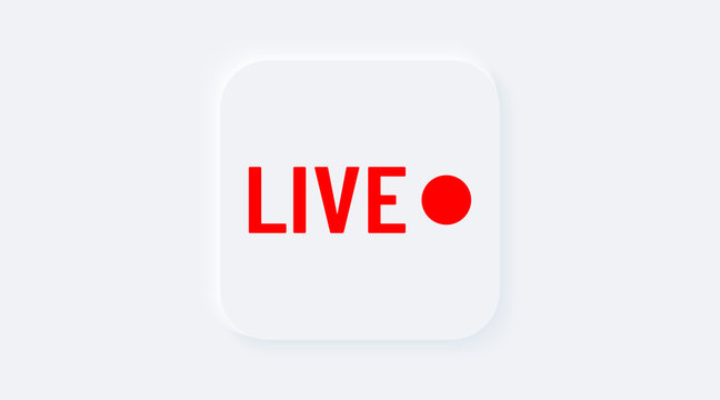 Red live with a circle. Bright white gradient square button. Internet symbol broadcasting, online stream on a background. Neumorphic effect streaming icon