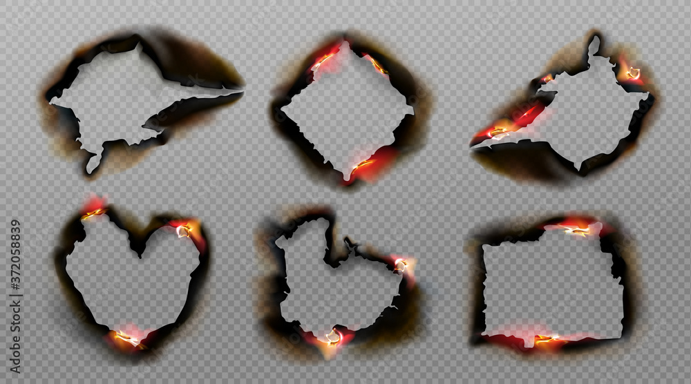 Poster burnt holes in paper with fire and black ash. vector realistic set of different shapes frames from s