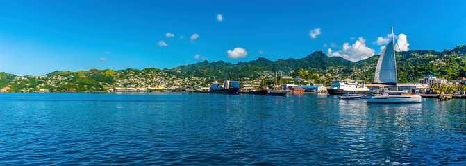 A panorama view across the seafront of Kingstown, Saint Vincent in the early morning light