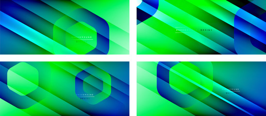 Obraz premium Set of hexagon geometric shapes and fluid gradients with 3d shadow and light straight lines, minimal abstract backgrounds