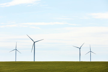 Beautiful view of field with wind turbines. Alternative energy source