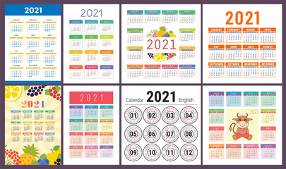 Calendar 2021 year set. Vector template collection. Design. Week starts on Sunday. Ox, fruits and berries.
