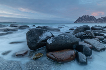 Uttakleiv Beach, Lofoten archipelago in Norway during exceptional sunset.