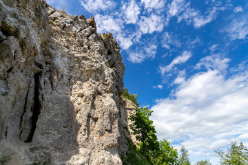 Rock with soil layers against blue sky.