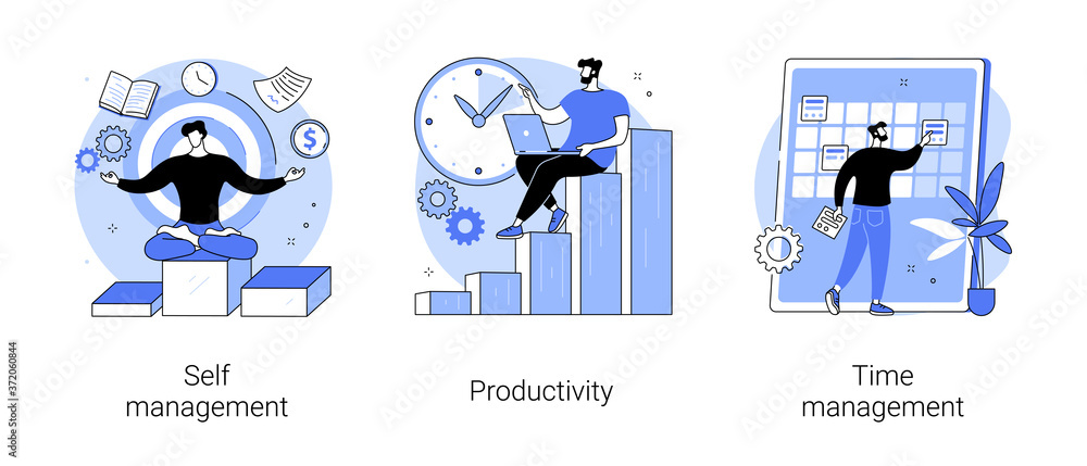 Poster employee performance and self-organization abstract concept vector illustration set. self and time m