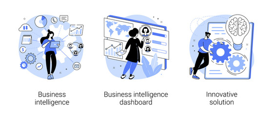 Performance tools and software solutions abstract concept vector illustration set. Business intelligence, intelligence dashboard, innovative solution, data analysis, KPI metrics abstract metaphor.