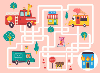 Fototapeta premium Help the fire engine find the right path to extinguish the fire. Color maze or labyrinth game for preschool children. Puzzle. Tangled road. Transport for kids