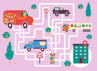Fototapeta premium Help the pizza delivery car find the right path to the client. Color maze or labyrinth game for preschool children. Puzzle. Tangled road. Transport for kids