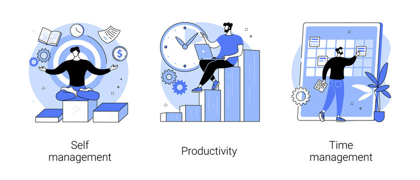 Employee performance and self-organization abstract concept vector illustration set. Self and time management, productivity, motivation software, effective job planning, control abstract metaphor.