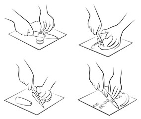 Collection. Processing of vegetables. Slice carrots, cucumber, cabbage on a kitchen board. The hands of the cook are preparing food. Vector illustration set.
