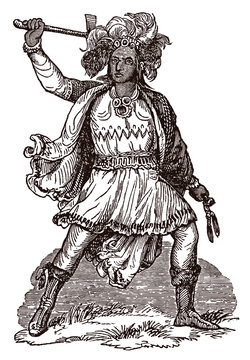 Tecumseh, historic Shawnee chief in full body view, swinging tomahawk, after antique engraving