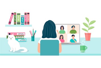 Woman at the computer chatting with friends. Remote work or training. A female character using a computer for a group virtual meeting. Video conferencing and online communication vector concept.