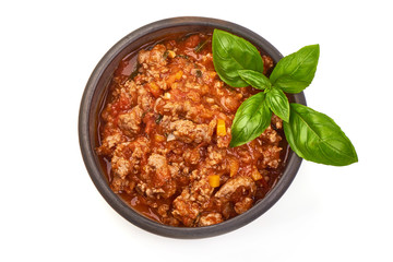 Classic italian bolognese sauce in a bowl, isolated on white background