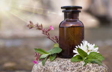 Natural herbal medicine - bootle and flower.