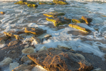 Reflections of the bright sun on the sea stones