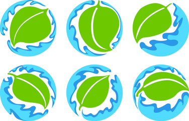 Set of Vector Design of a Leaf Logo in Green and Blue with Circle Theme