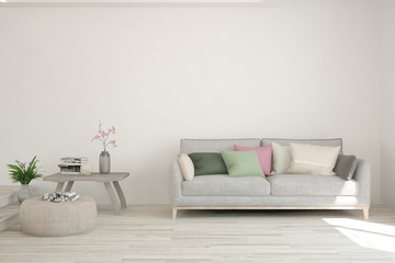 White living room with sofa. Scandinavian interior design. 3D illustration