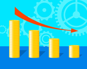 The concept of reducing costs, investment expenses, financial crisis. Vector illustration of coins with down arrow.