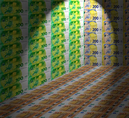 Walls and floor wrapped with euro notes