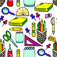 Back to school patter. Seamless picture, background with school supplies and elements. Vector design.