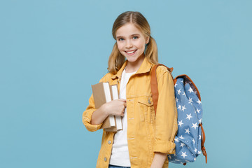 Smiling little blonde kid schoolgirl 12-13 years old in yellow jacket backpack posing isolated on...
