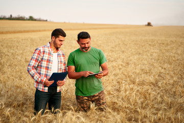 Two farmers stand in wheat stubble field, discuss harvest, crops. Senior agronomist with touch...
