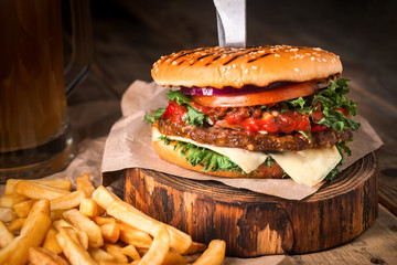 burger french fries and beer