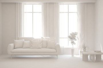 White minimalist living room with sofa. Scandinavian interior design. 3D illustration