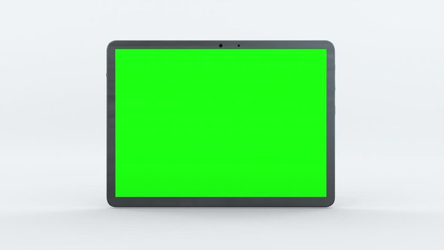 Demonstration of a tablet with green screen, computer generated. Touchscreen device, 3d rendering. Computer generated modern backdrop.