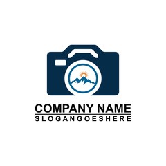 Logo photo camera and mountain, digital version nature creative symbol concept. Logo Outdoor adventure and logo Mountain tourism, hiking