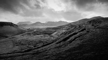 Beautiful nature landscape of mountains at Southern Region in Iceland. Black and white toned