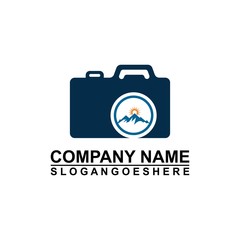 Logo photo camera and mountain, digital version nature creative symbol concept. Logo Outdoor adventure and logo Mountain tourism, hiking