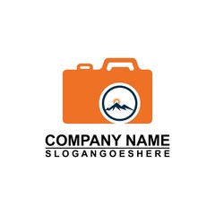 Logo photo camera and mountain, digital version nature creative symbol concept. Logo Outdoor adventure and logo Mountain tourism, hiking