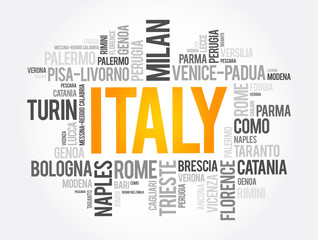 List of cities in Italy, word cloud collage, travel concept background