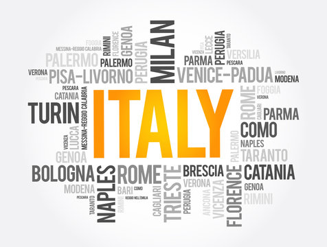 List of cities in Italy, word cloud collage, travel concept background
