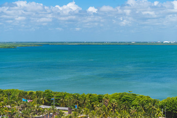 Panoramic aerial view of Laguna Nichupté in Cancun, Mexico