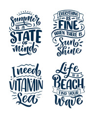 Set with hand drawn lettering compositions about Summer. Funny season slogans. Isolated calligraphy quotes for travel agency, beach party. Great design for banner, postcard, print or poster. Vector