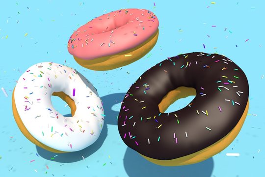 Flying doughnuts. Sweet donuts with sprinkel on blue background, 3d render