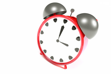 Red mechanical alarm clock on white background, 3D render