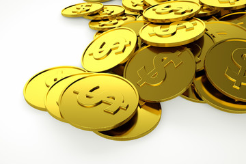 Gold coins with dollar sign scattered on white surface, 3D render