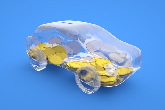 Transparent piggy bank in the form of car with gold coins inside, savings for the purchase of car, 3D render