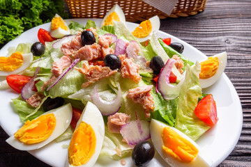 tuna salad on dark wooden rustic background