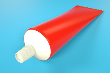 Tube of toothpaste on blue background, mock up