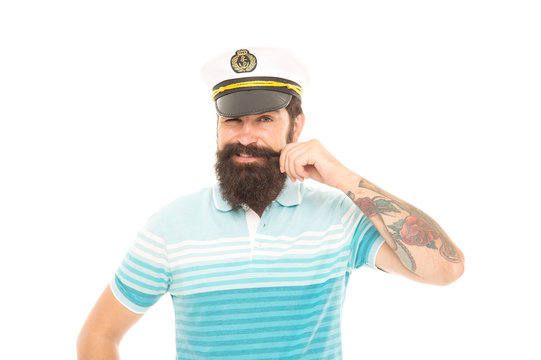 Man bearded captain sailor uniform marine cruise, travel by sea concept