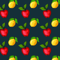 Seamless pattern with bright vector fruits: apple and lemon on a blue background